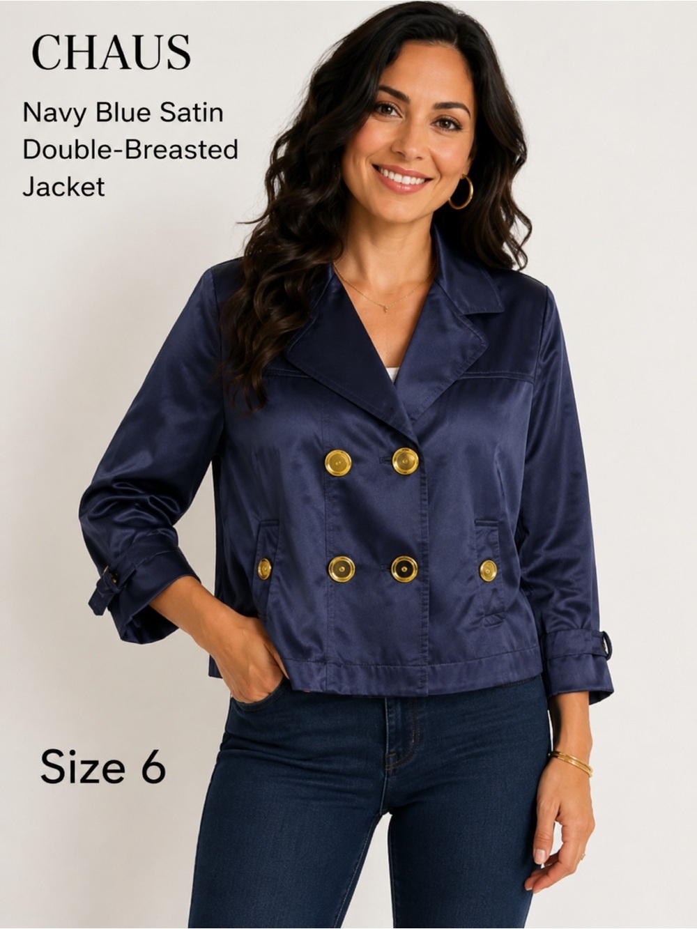 Josephine Chaus Navy Blue Satin Double-Breasted Jacket women’s Size 6